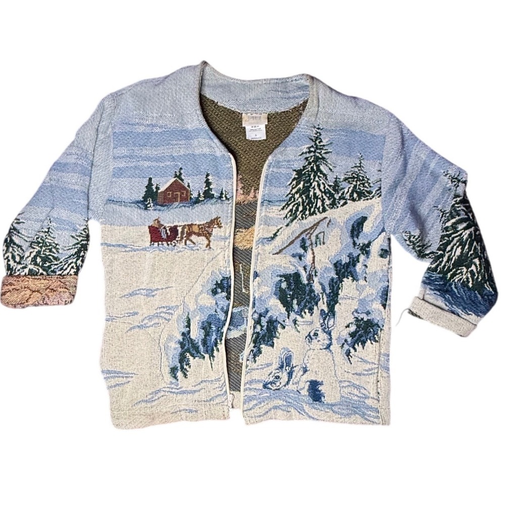 Art Unlimited Sportswear Winter Tapestry Jacket Sleigh Scene Cotton Zip Large‎